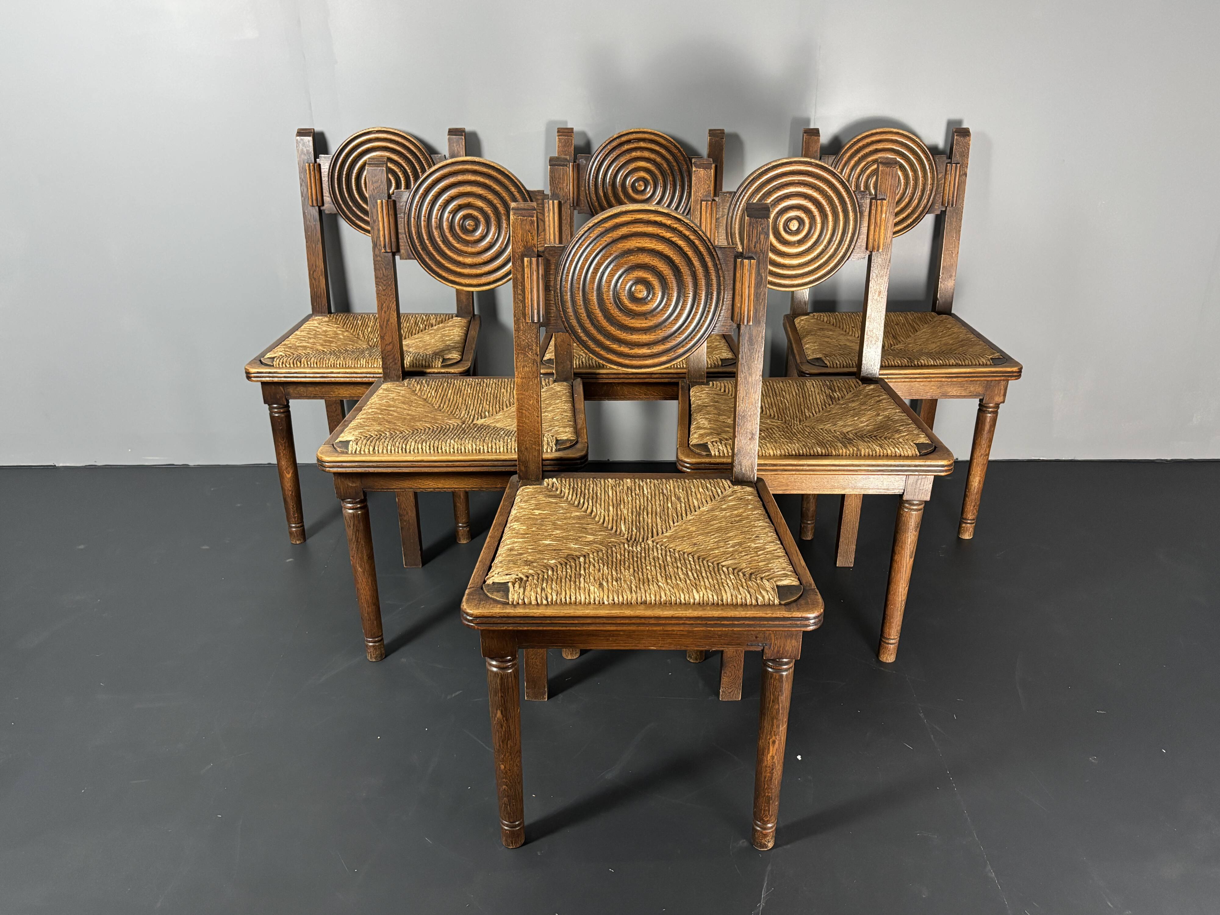 6 Farmhouse wood turned rush dining chairs