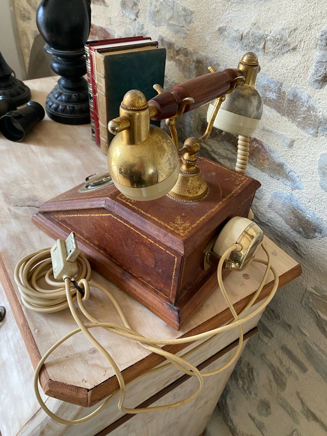 Vintage telephone leather wood brass