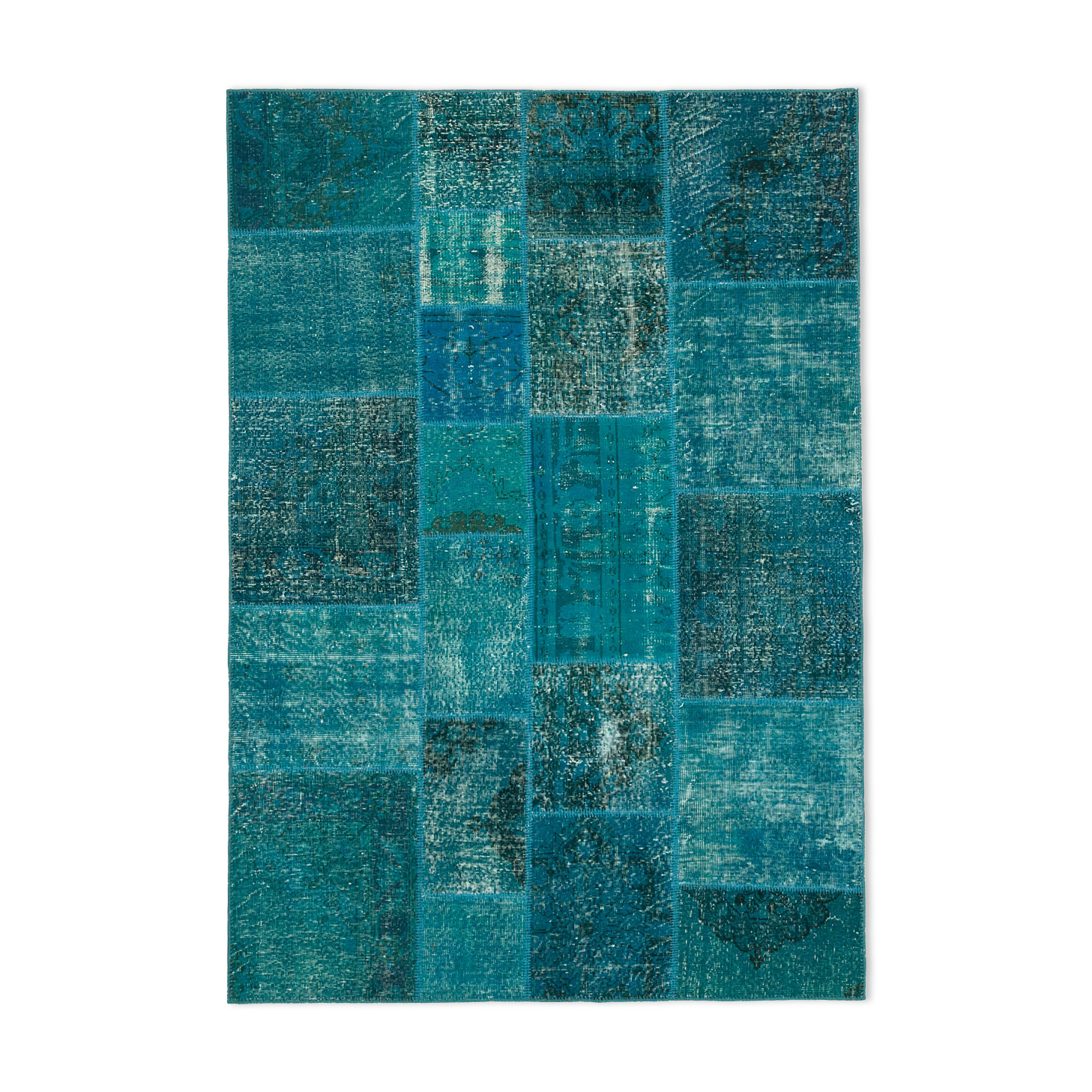 Hand-knotted oriental overdyed 169 cm x 243 cm turquoise patchwork carpet