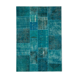 Hand-knotted oriental overdyed 169 cm x 243 cm turquoise patchwork carpet