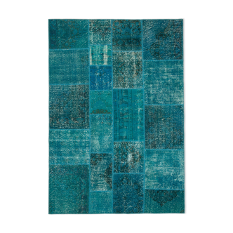 Hand-knotted oriental overdyed 169 cm x 243 cm turquoise patchwork carpet