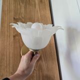 Frosted glass tulip wall sconces with brass arms.