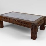 Table basse en chêne massif sculpté de faunes et plateau en marbre gris, France, circa 1940