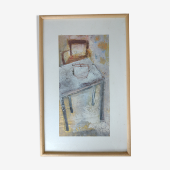 Œuvre originale sur papier enduit peinture aquarelle et acrylique thème table et chaises