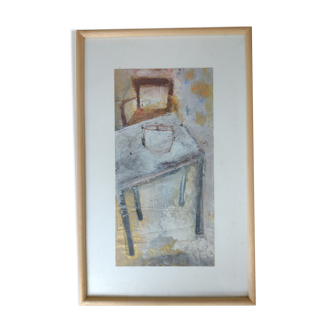 Œuvre originale sur papier enduit peinture aquarelle et acrylique thème table et chaises