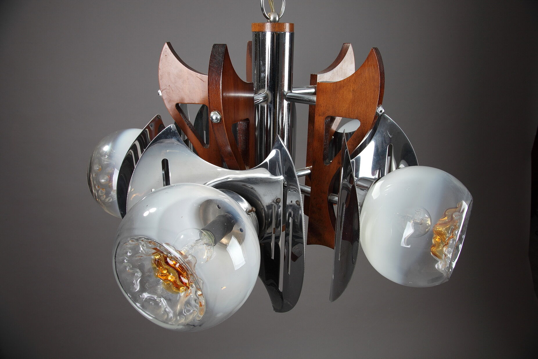 Mazzega chandelier in murano glass, chrome and wood, 1970's