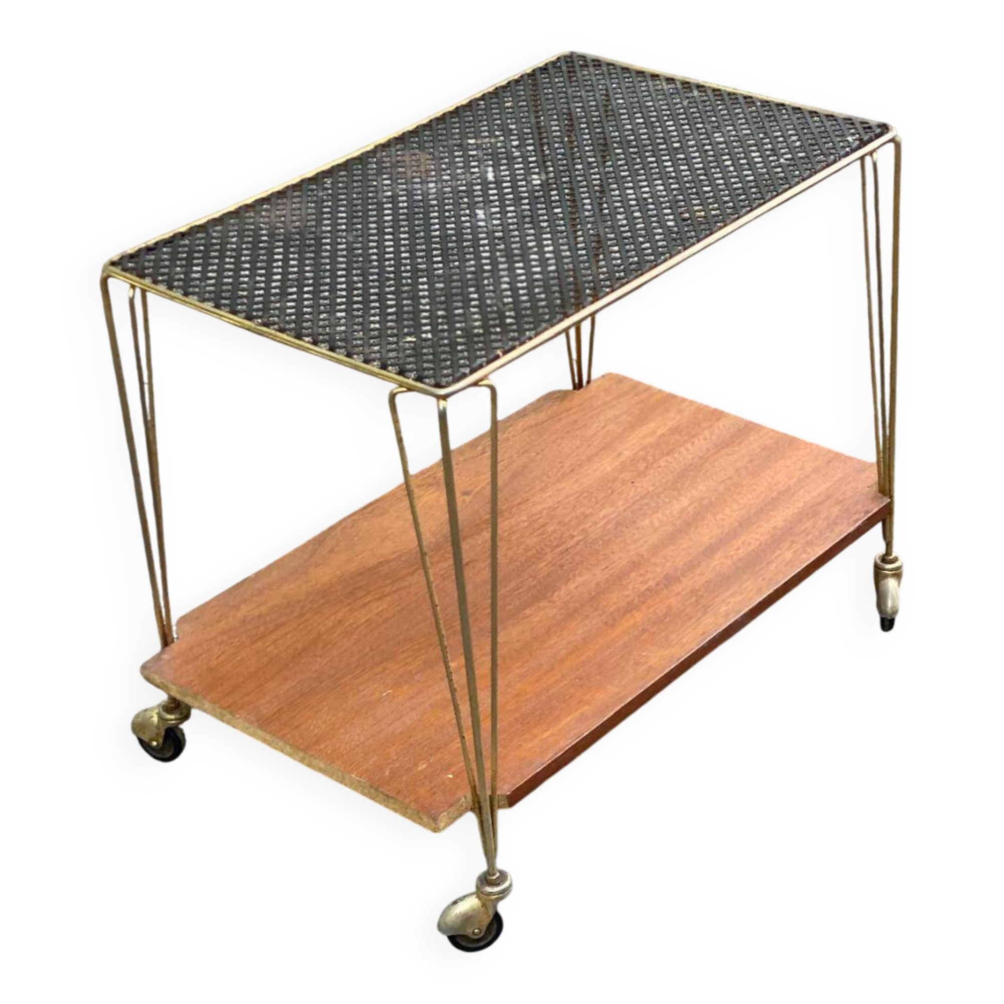 Desserte scandinave dorée avec plateau grillage et bois