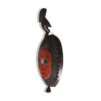 African wooden mask, face topped with a bird, 14x26cm