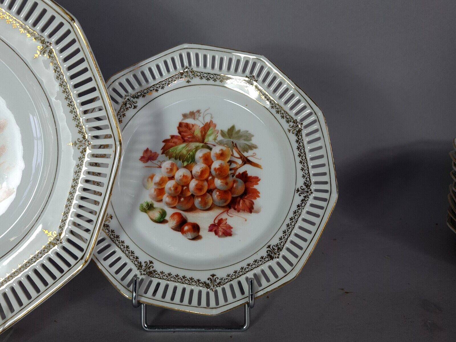 Set of 10 dessert plates & dish, openwork marli & fruits vintage 50s