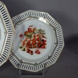 Set of 10 dessert plates & dish, openwork marli & fruits vintage 50s