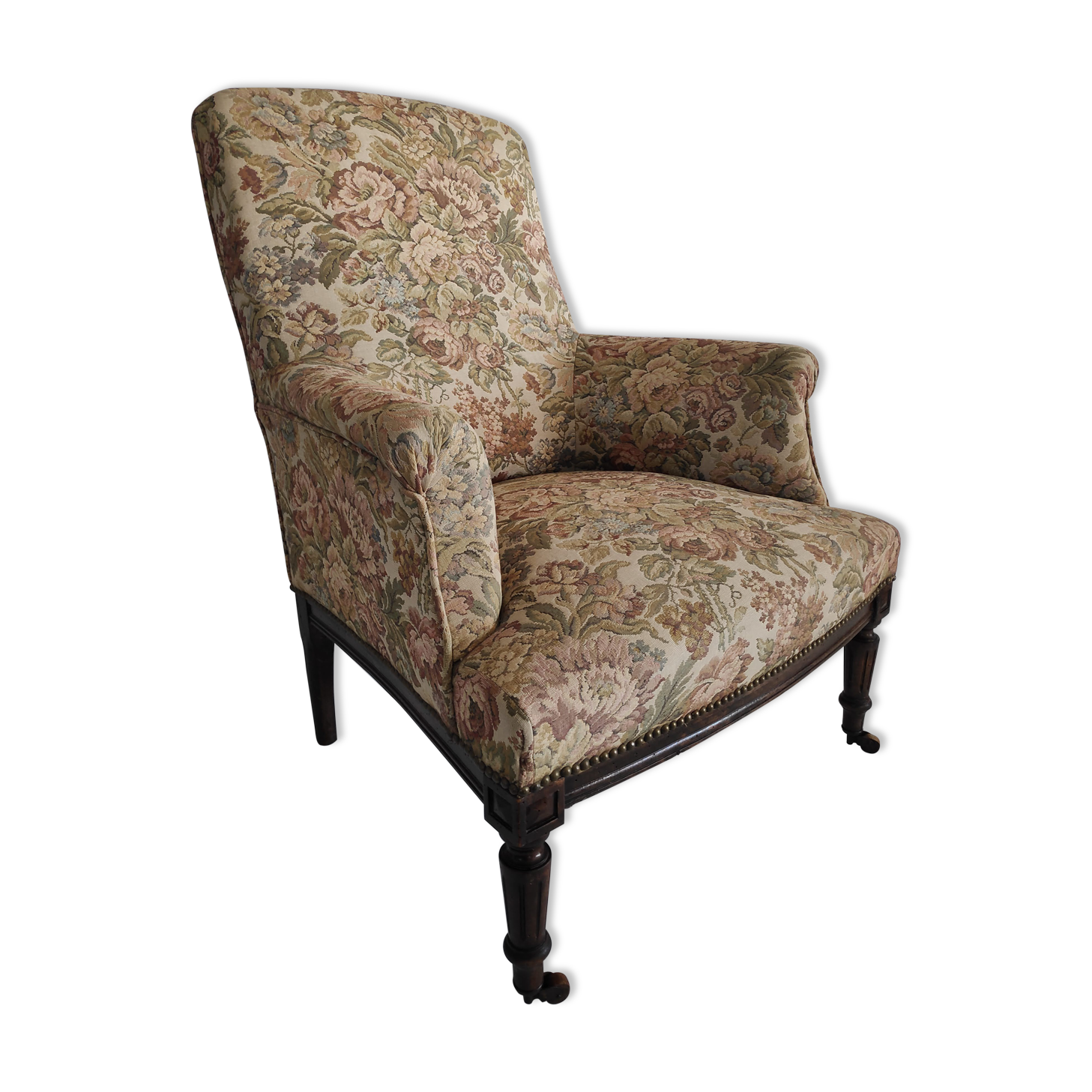 Napoleon III armchair in wood and floral patterned fabric