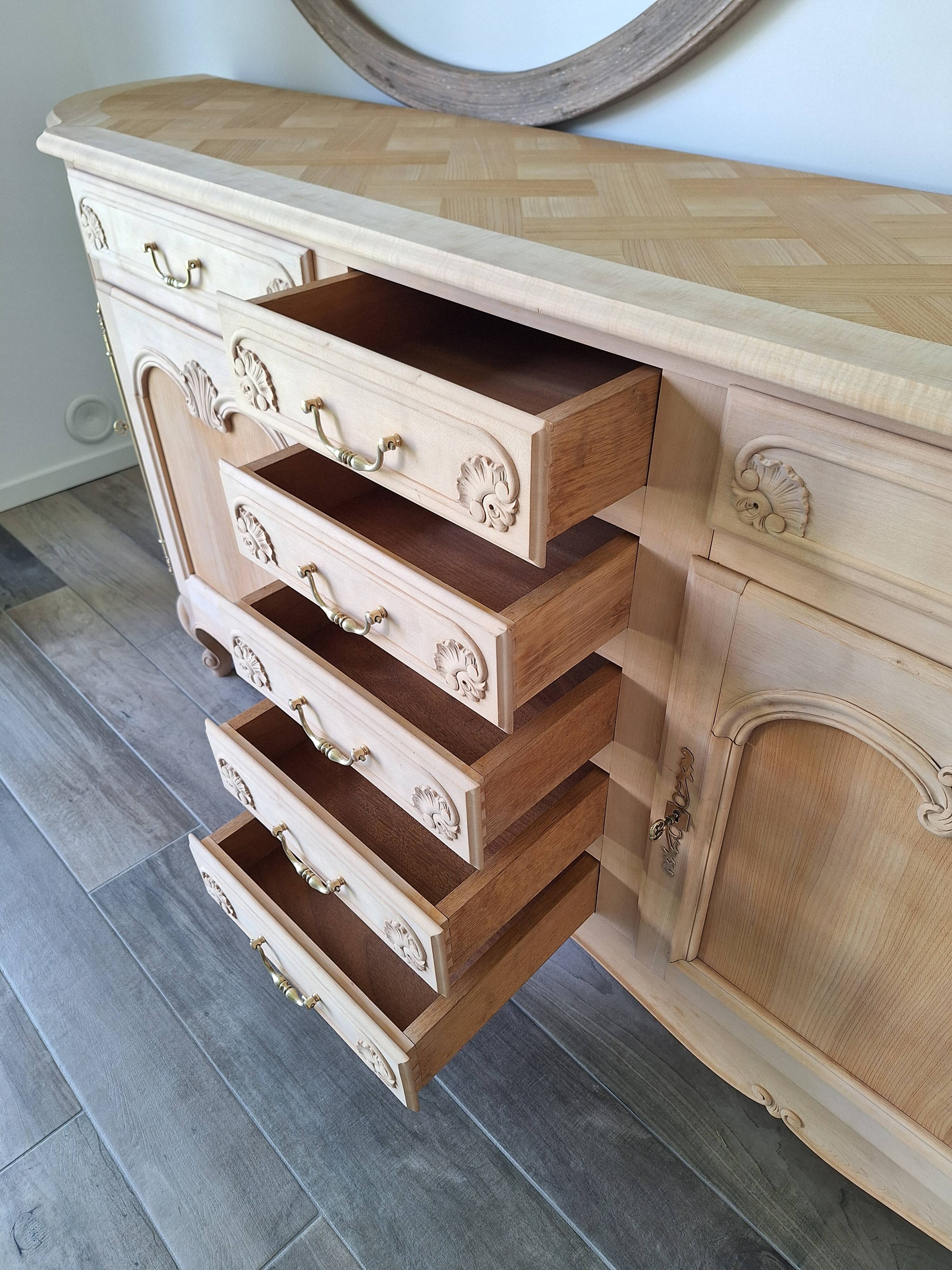 Low buffet in renovated solid cherry wood – Revisited Louis XV style – 250 cm