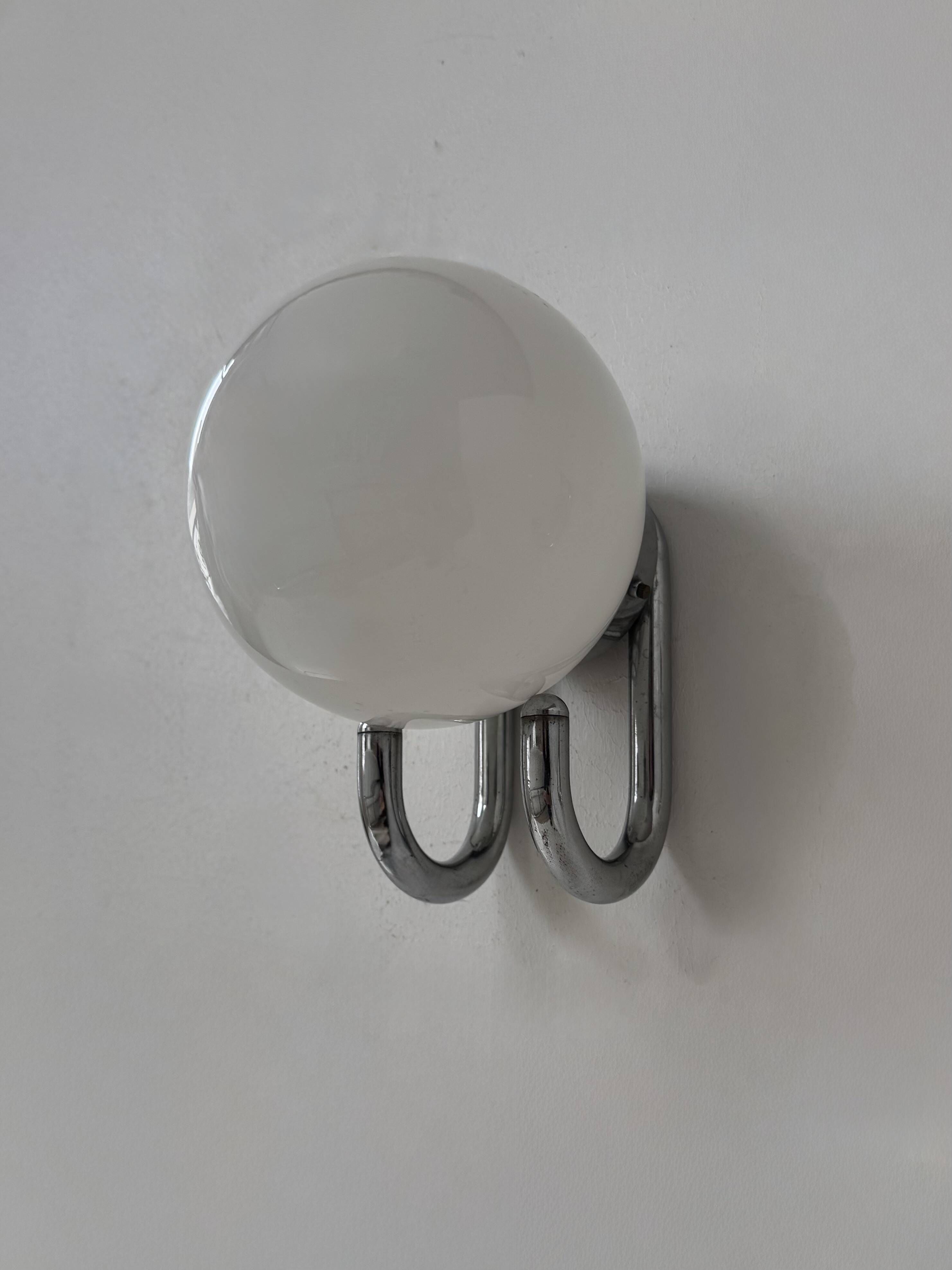 Pair of vintage wall lights, chrome metal and opaline, France, 1960.
