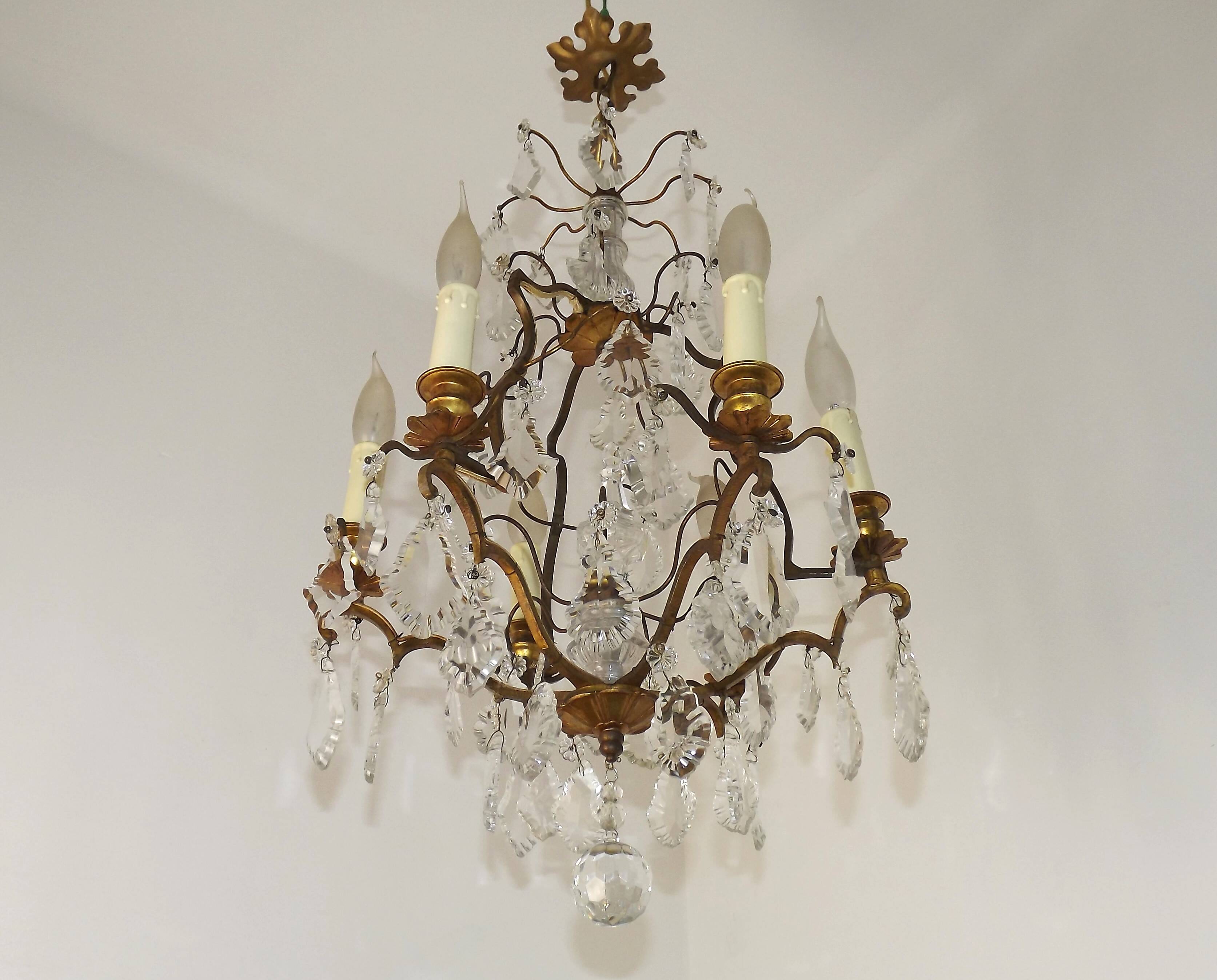 French Bronze and Glass 6 Light Cage Chandelier With Assorted Crystals 5518