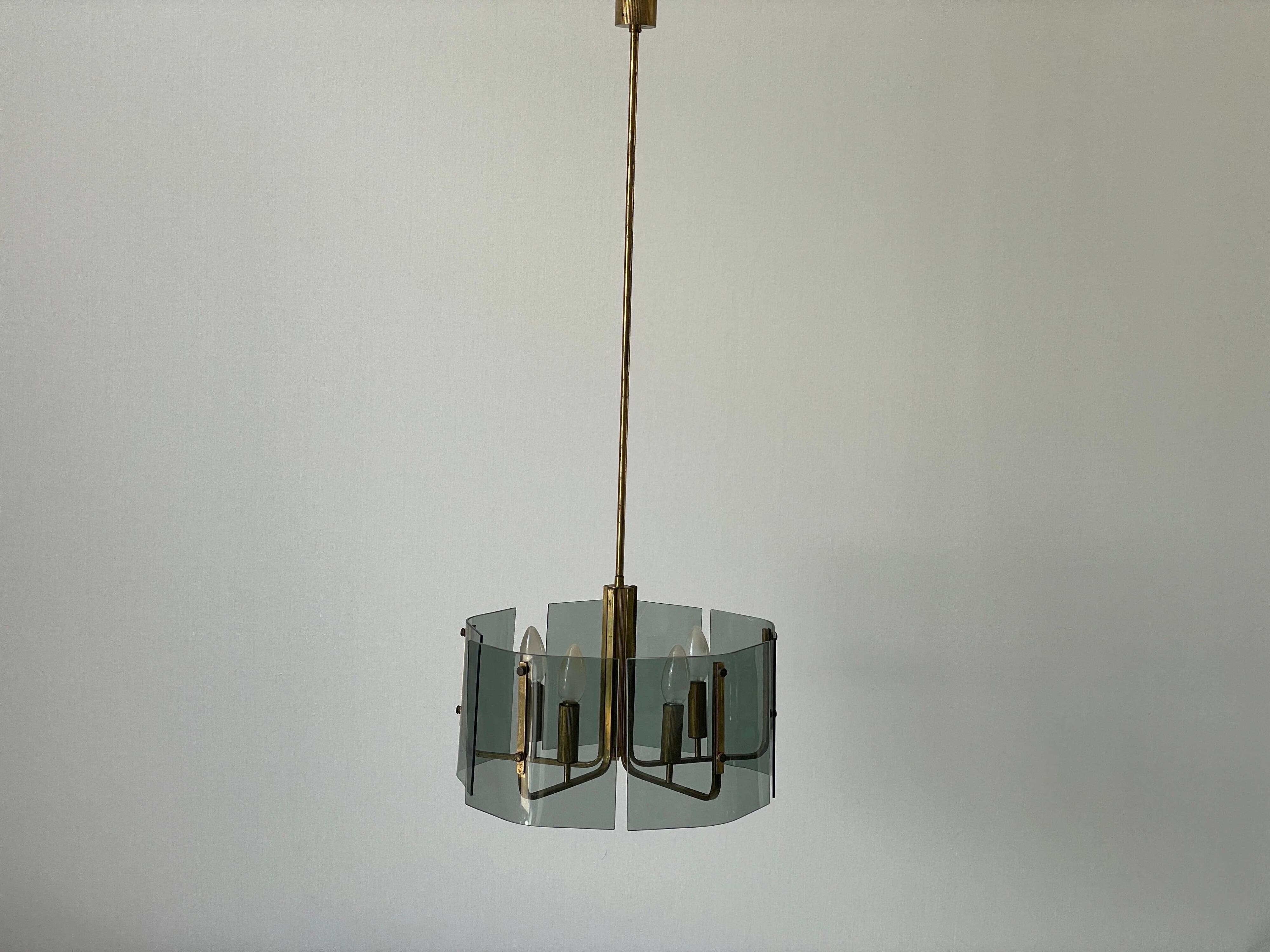 Grey glass chandelier with a brass body, 1960, Italy