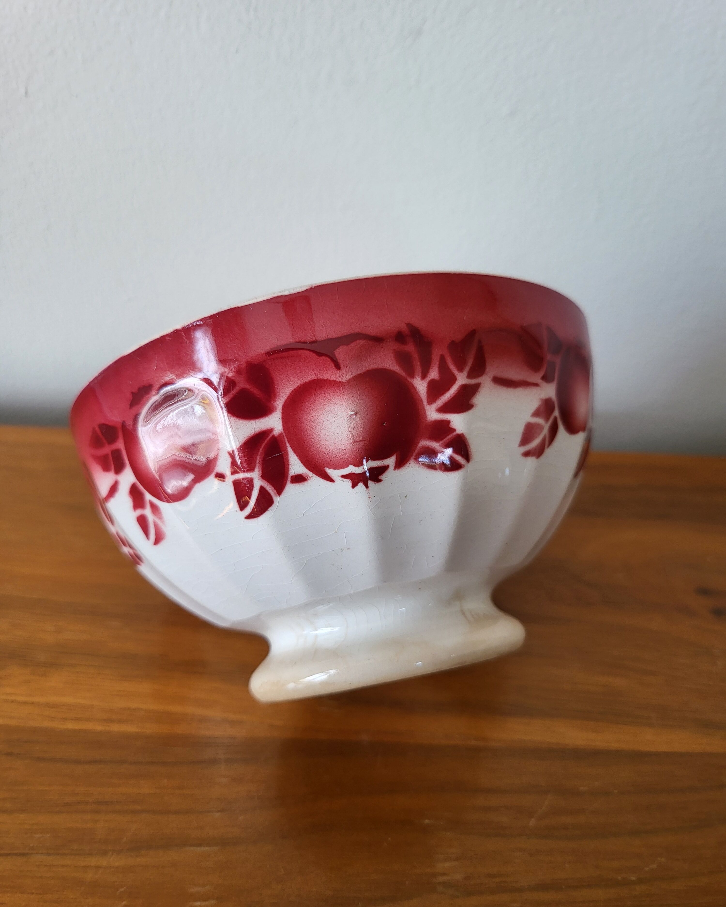 Old Faience Bowl from DIGOIN with Facets and Bordeaux Fruit Decoration