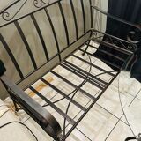Table in wrought iron and glass, and matching two-seater bench
