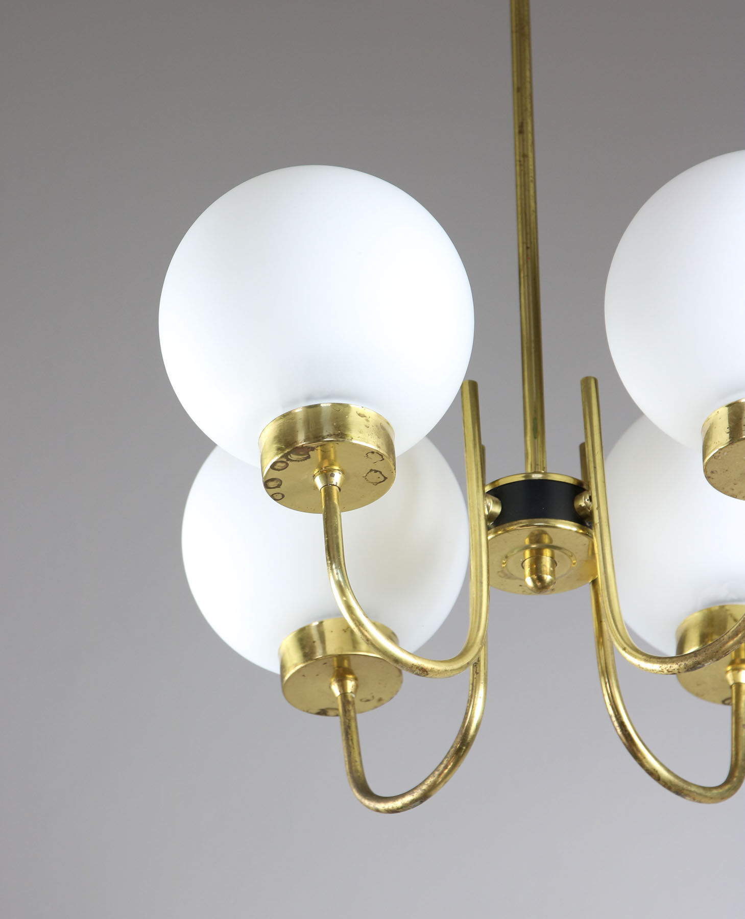 Mid-century brass and opaline glass chandelier