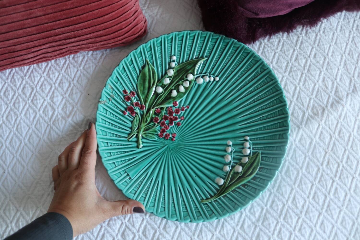 SMF Schramberg Majolica Fruit Dish Lily of the Valley and Forget-Me-Nots