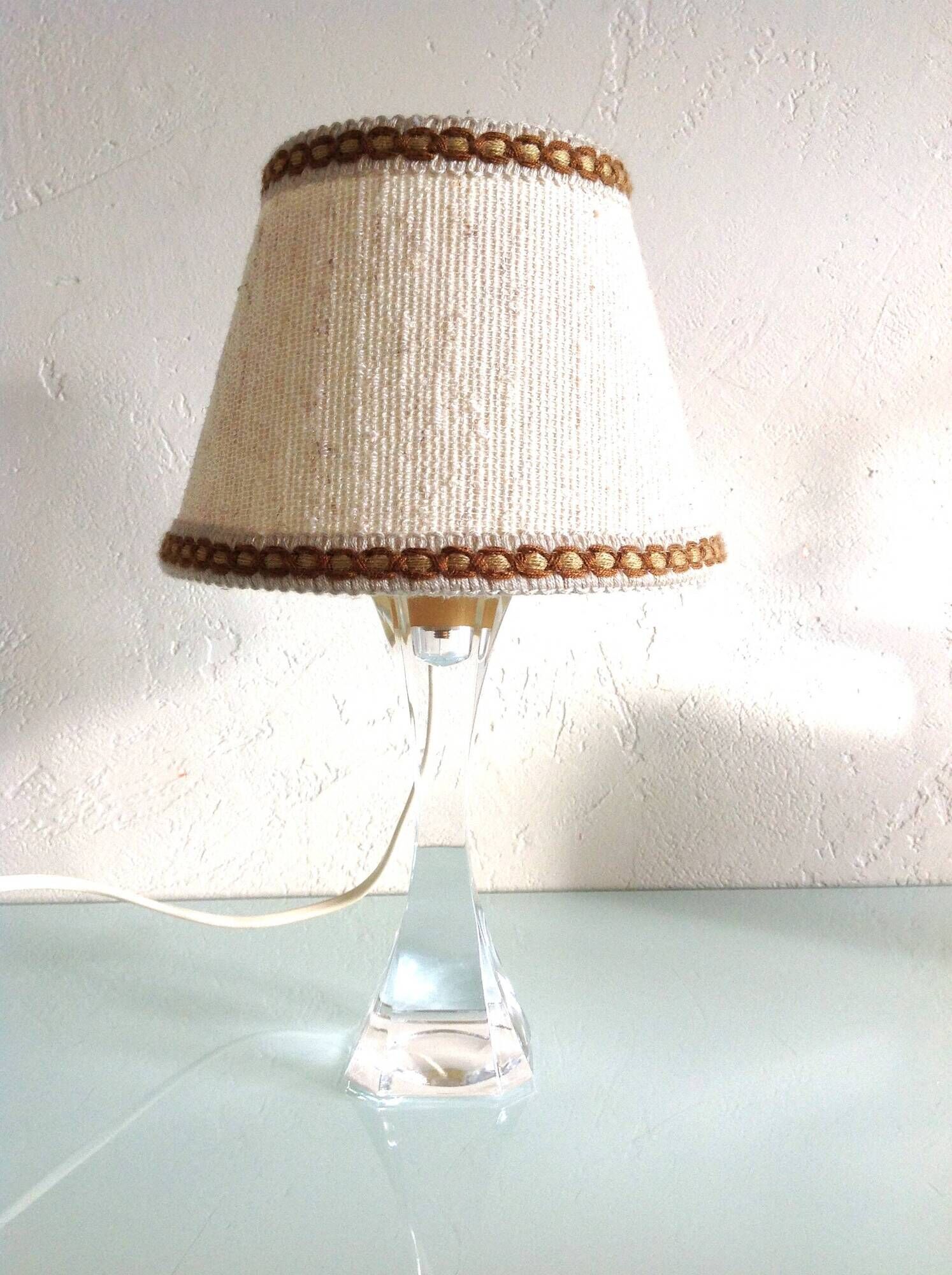 Bedside lamp with glass base and beige fabric lampshade / vintage 60s-70s