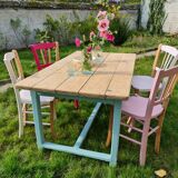 Farm table in oak rough tray vitrify Nordic green foot a drawer covered
