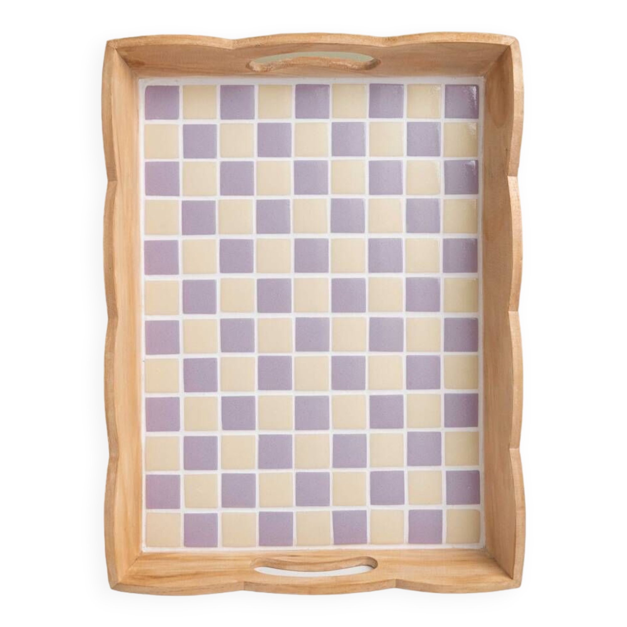 Handcrafted checkerboard tiled wooden tray