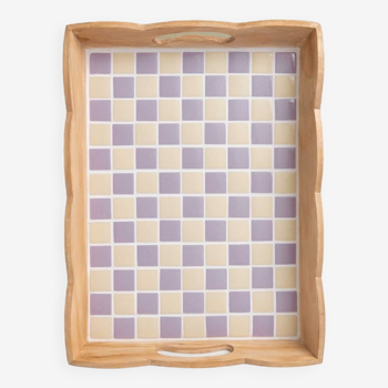 Handcrafted checkerboard tiled wooden tray