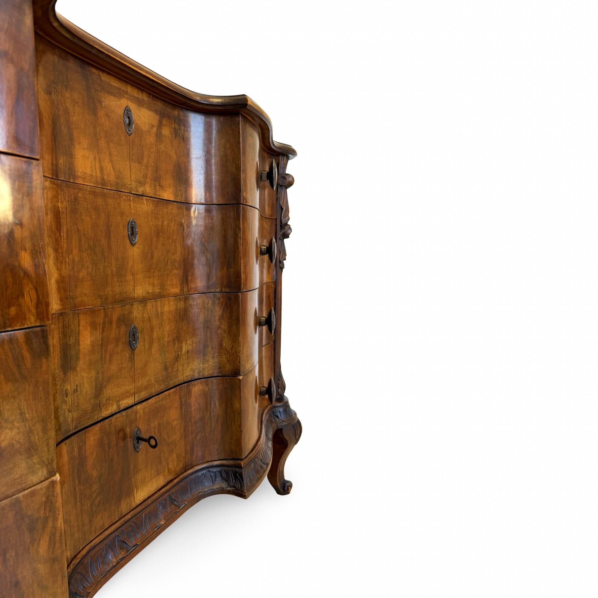 serpentine commode in antique walnut
