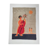 La viloncelliste, original lithograph signed, frederic menguy