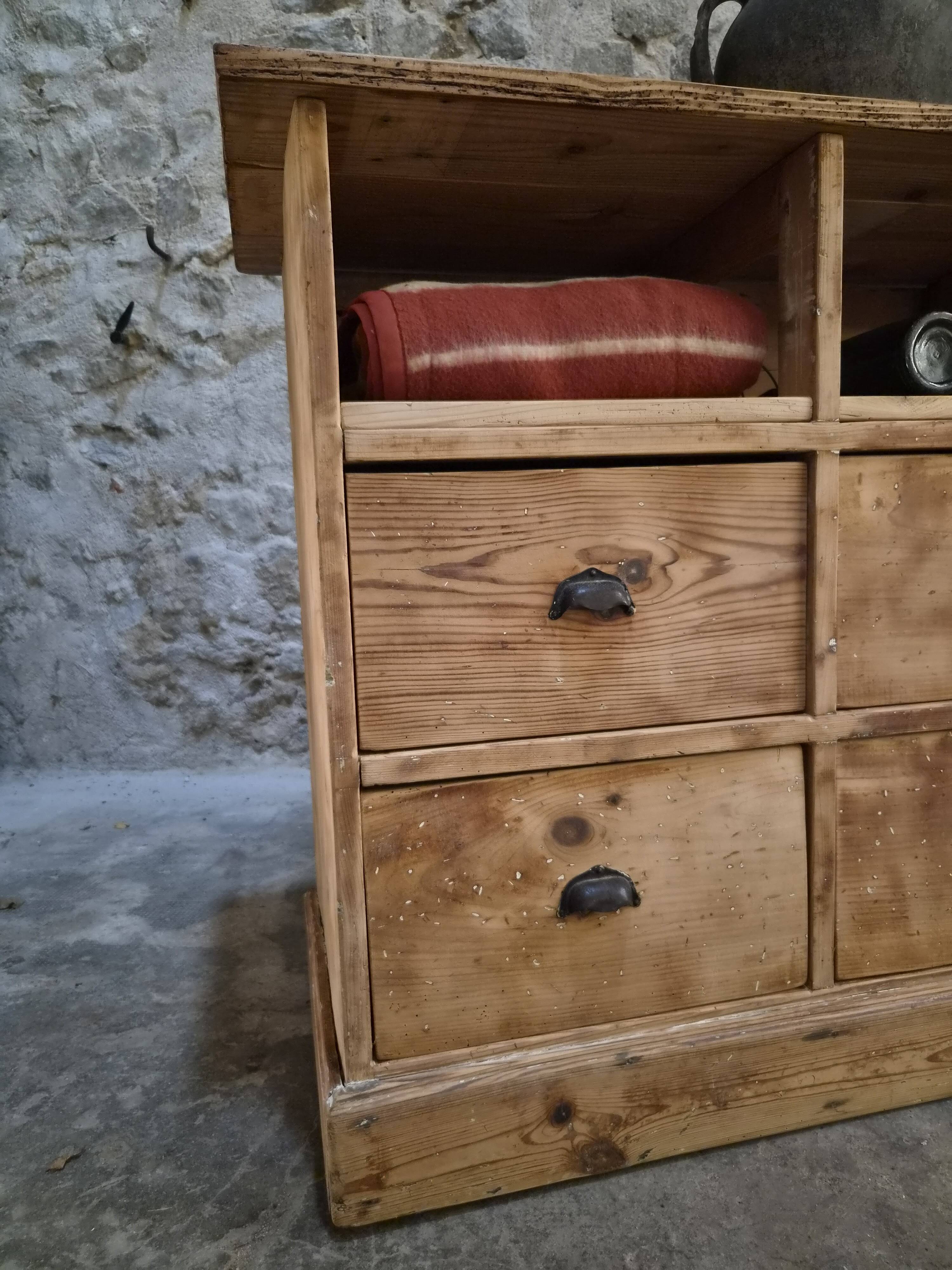 Comptoir de magasin français ancien en pin, meuble à 6 tiroirs, comptoir de magasin, îlot de cuisine, vers 1900