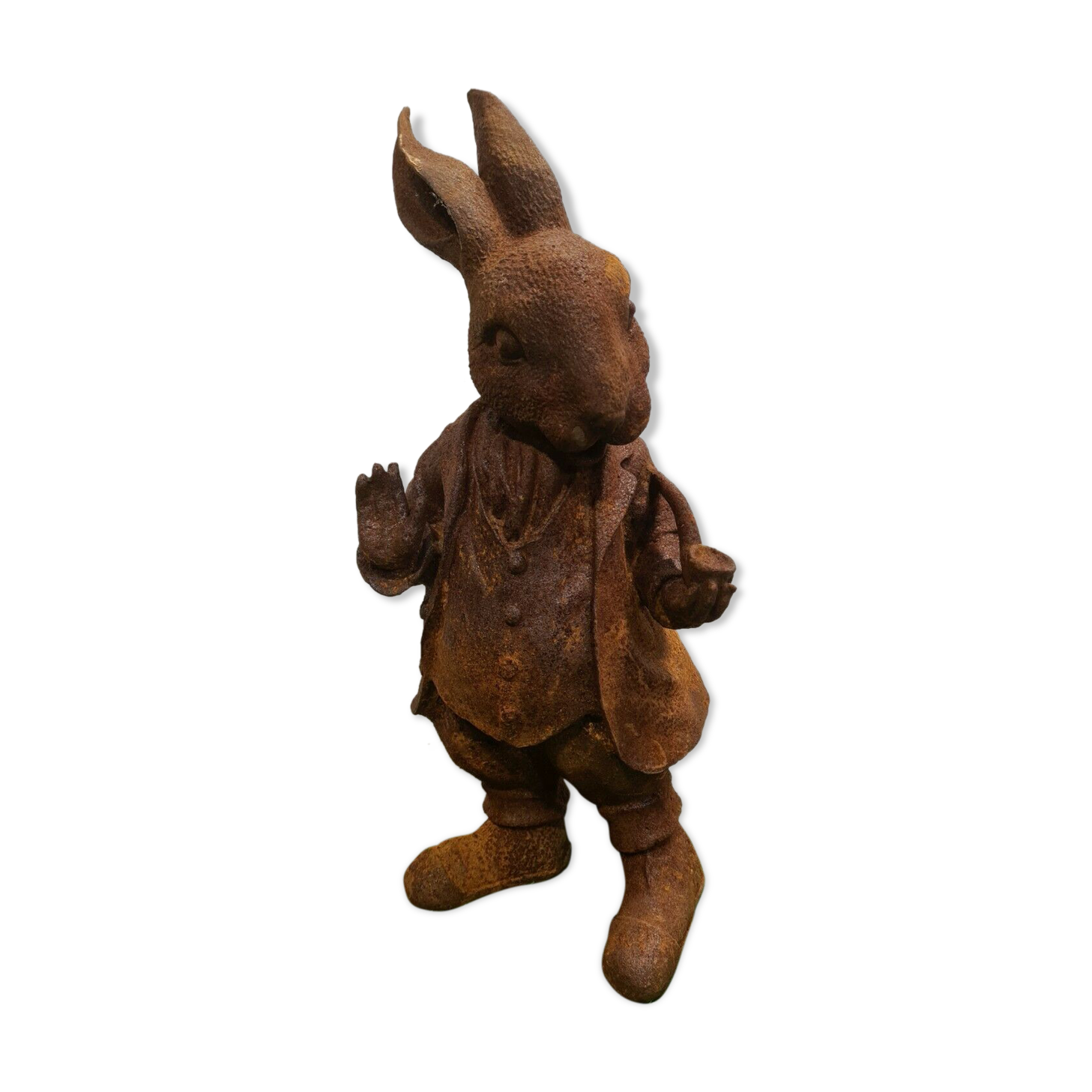 Rabbit with a cast iron pipe garden statue