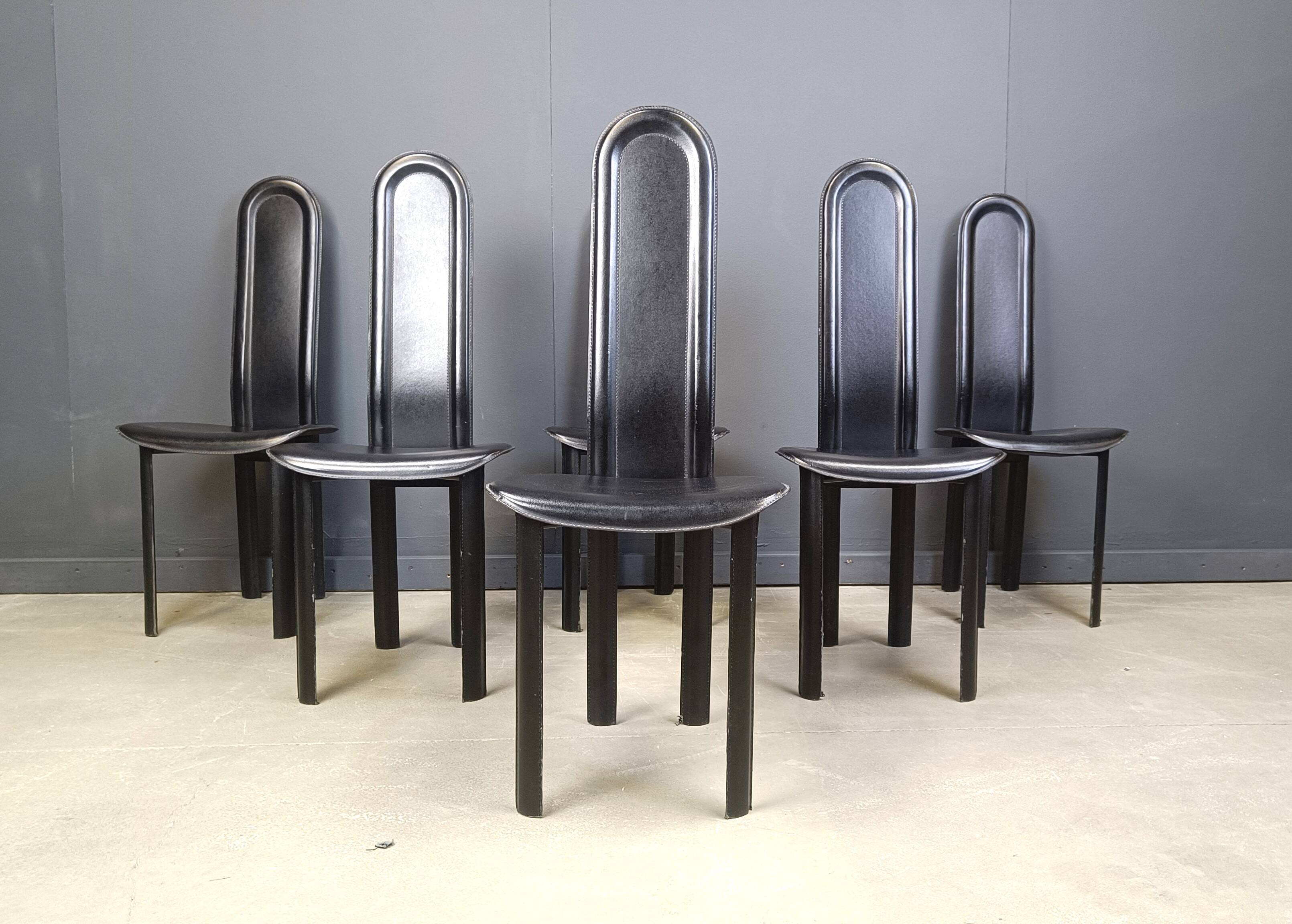 Set of 6 high back leather dining chairs, 1980s