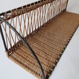 Vintage metal and wicker wall shelf, 1950s-1970s design, Mategot