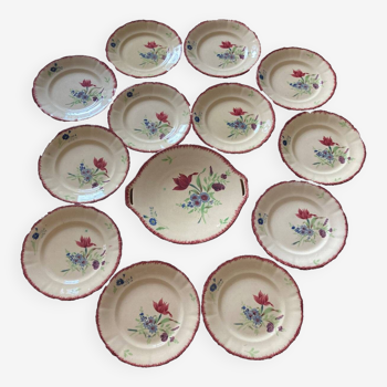 12 dessert plates and their serving dish decorated with wild flowers