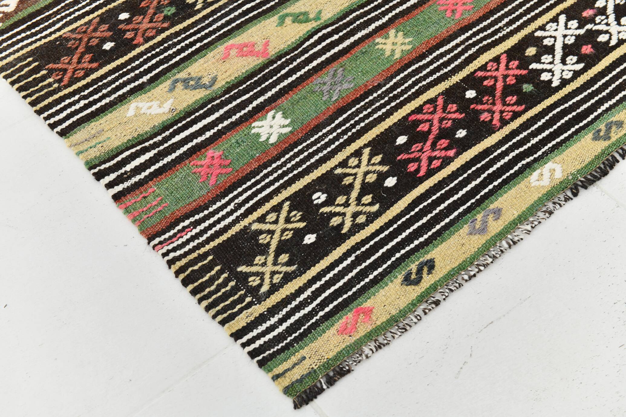 Tapis kilim bohème marron 7x10, motif ethnique, 202x304 cm