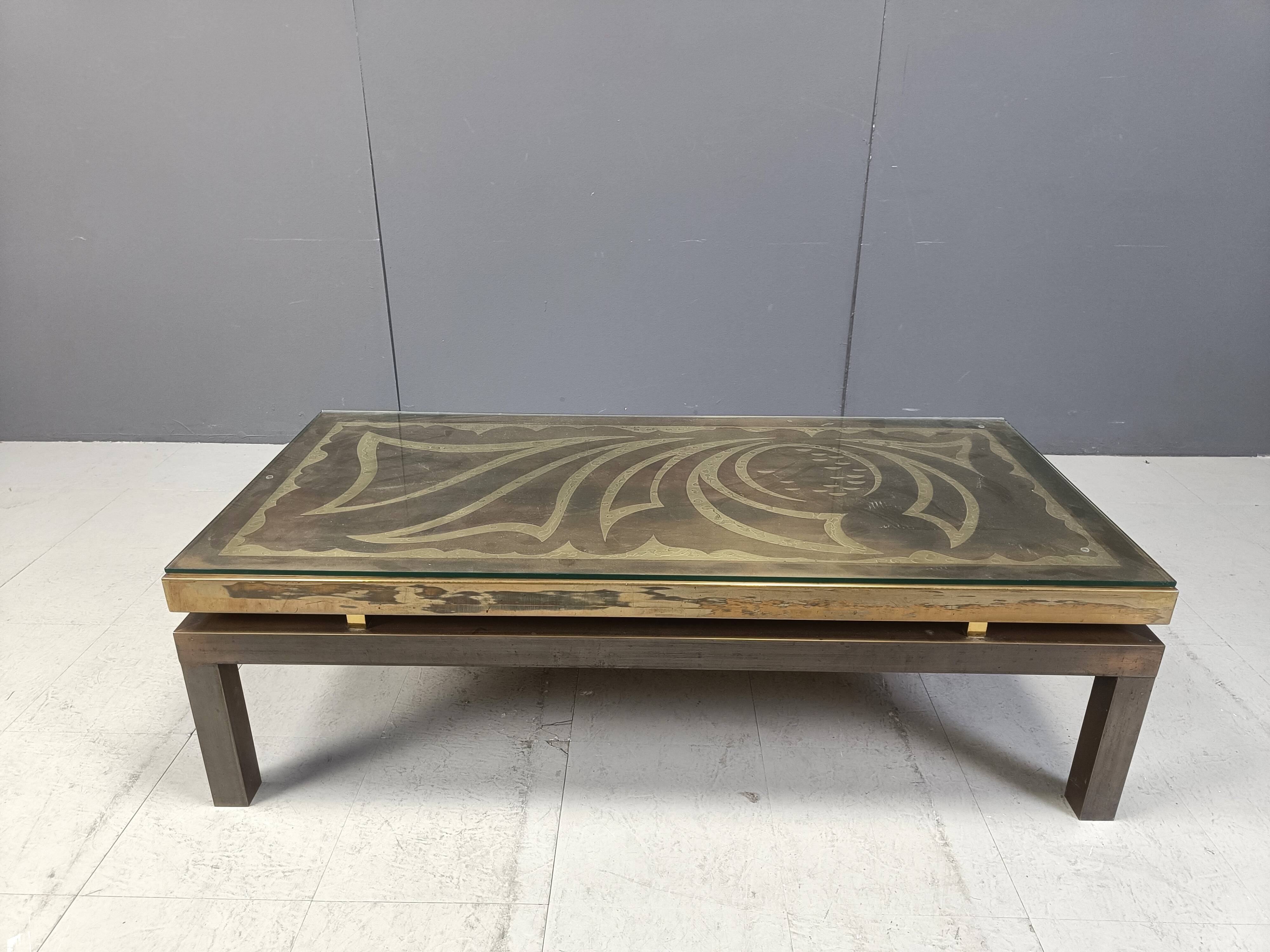 Vintage etched brass coffee table by Willy Daro, 1970s