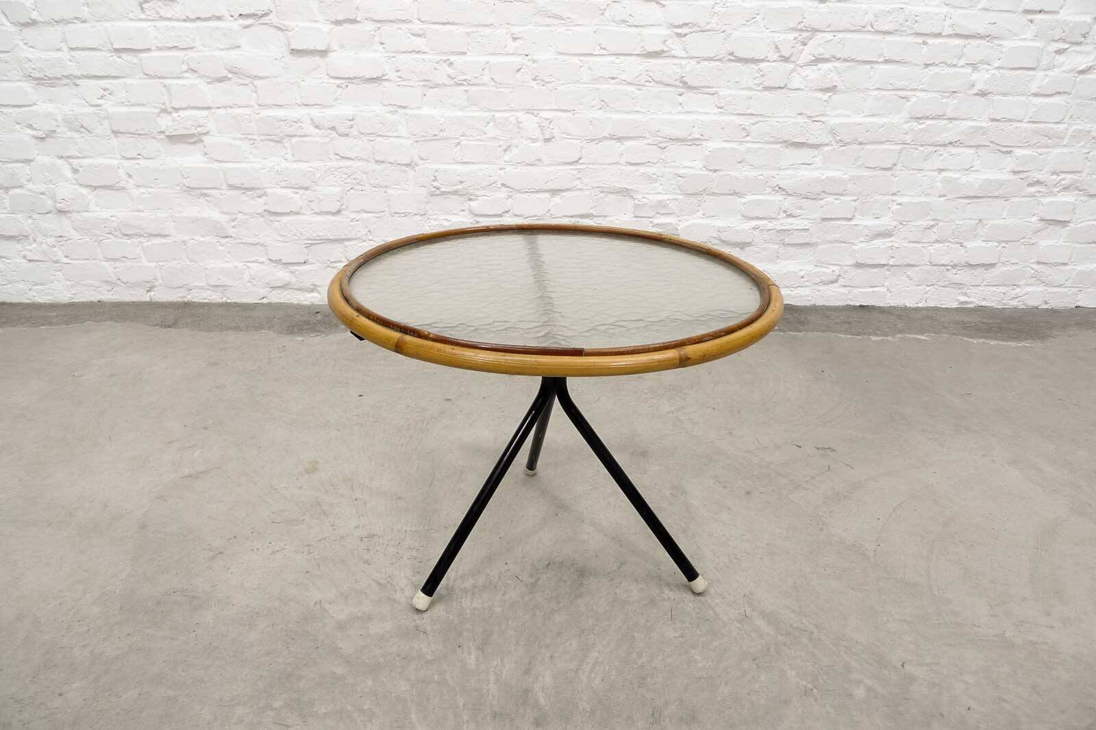 Mid-Century Set of Three Round Rattan and Glass Side Tables, 1960s
