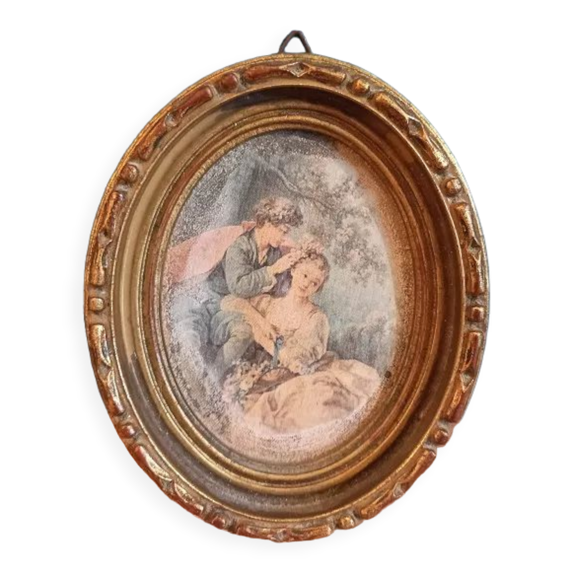 Oval frame wood gilded stucco patinated couple