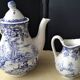 Lunéville earthenware coffee pot and milk jug, Toile de Jouy model