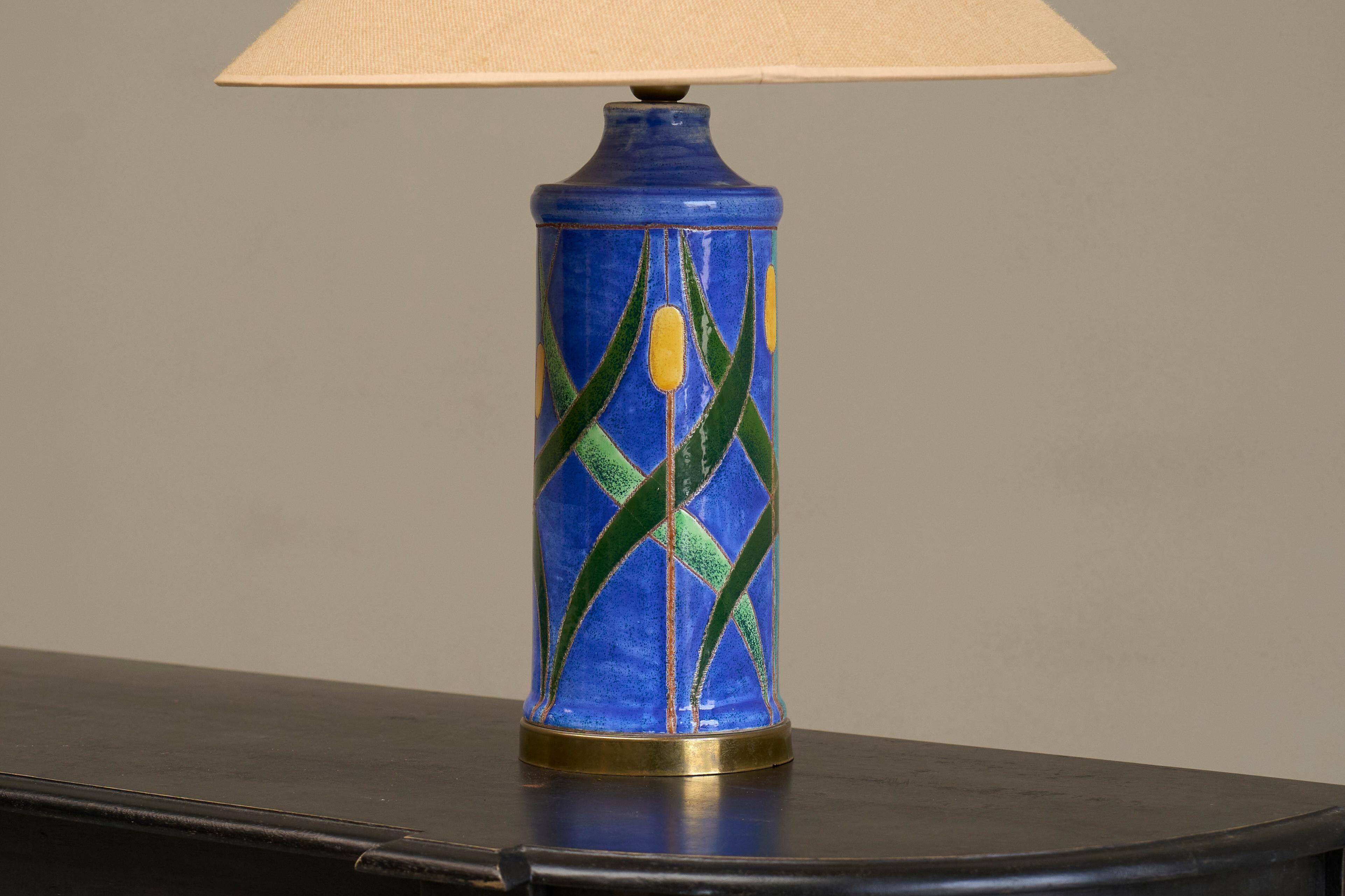 'Reed' table lamp in pottery and brass, mid-century style, 1960.
