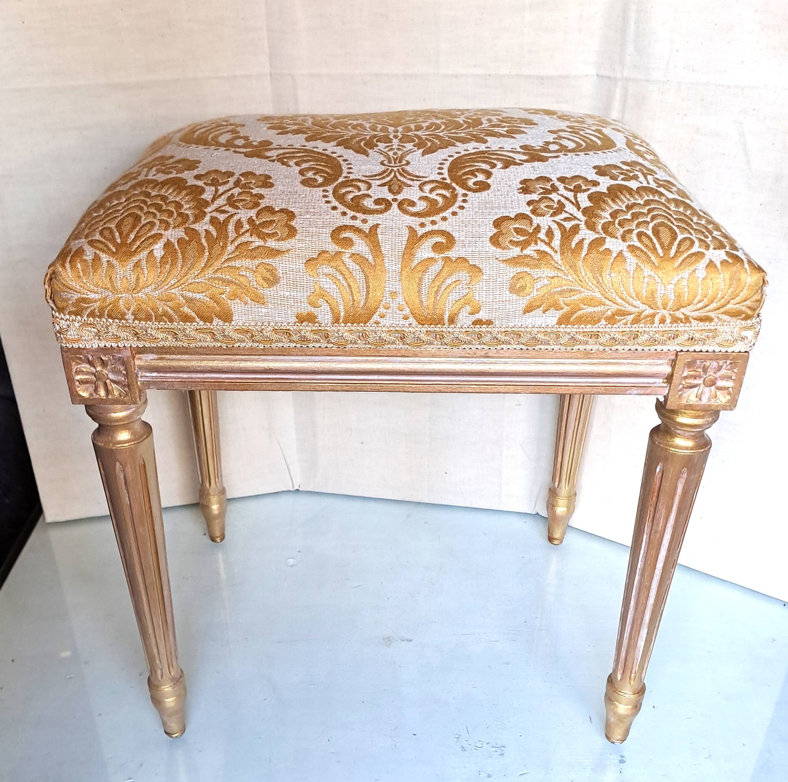 Piano stool in gold wood, Empire style, 19th century upholstery restoration