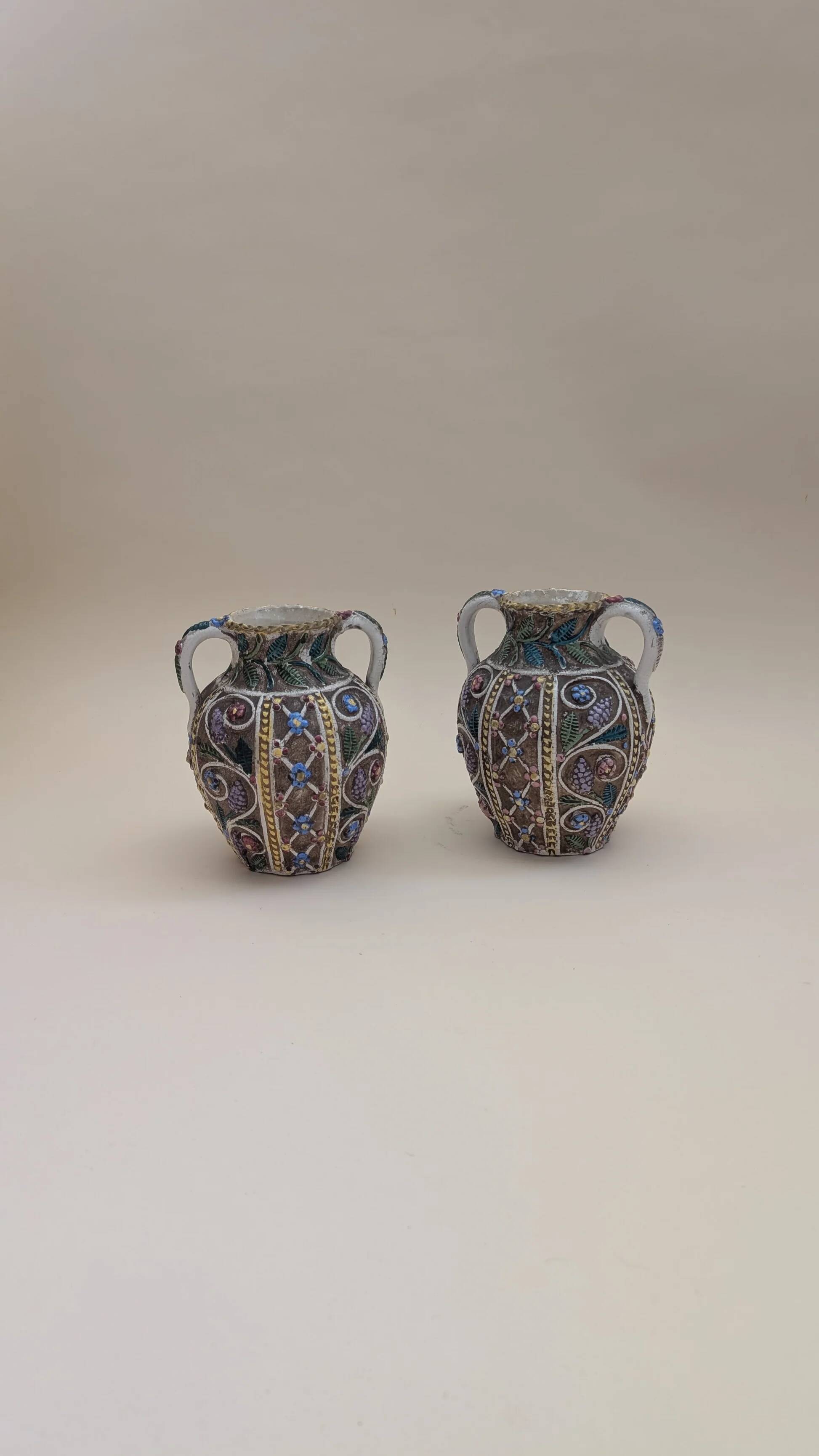 Pair of small openwork vases in glazed earthenware – Made in Italy
