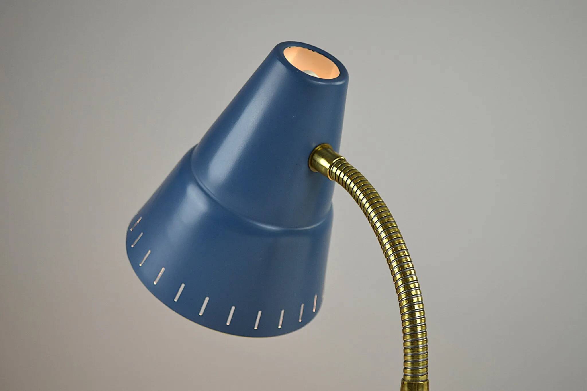 Blue Metal, Brass & Teak Table or Desk Lamp by Ringus, Sweden, 1950s