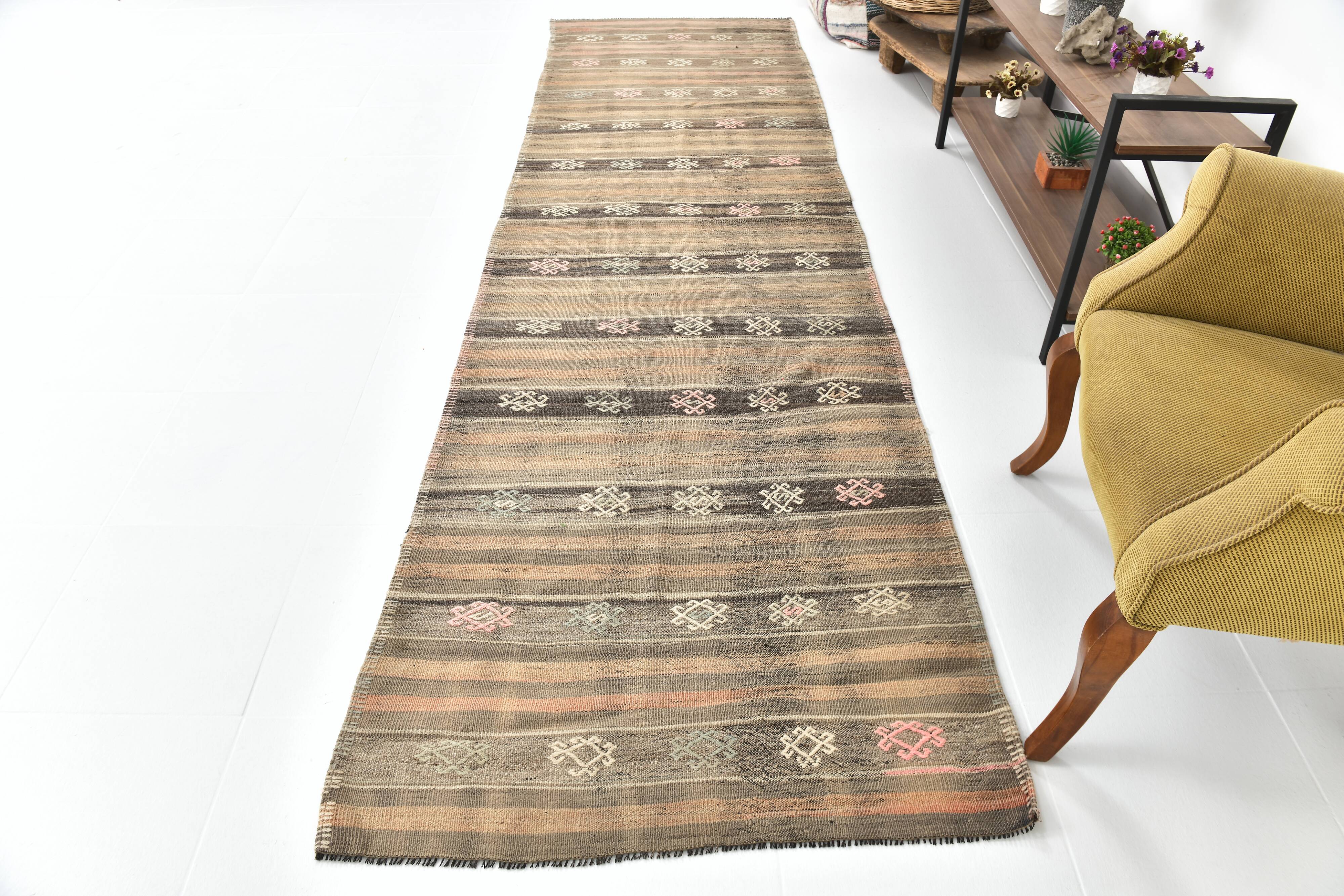 3x12 Brown Mustard Turkish Kilim Runner Rug 101x353Cm
