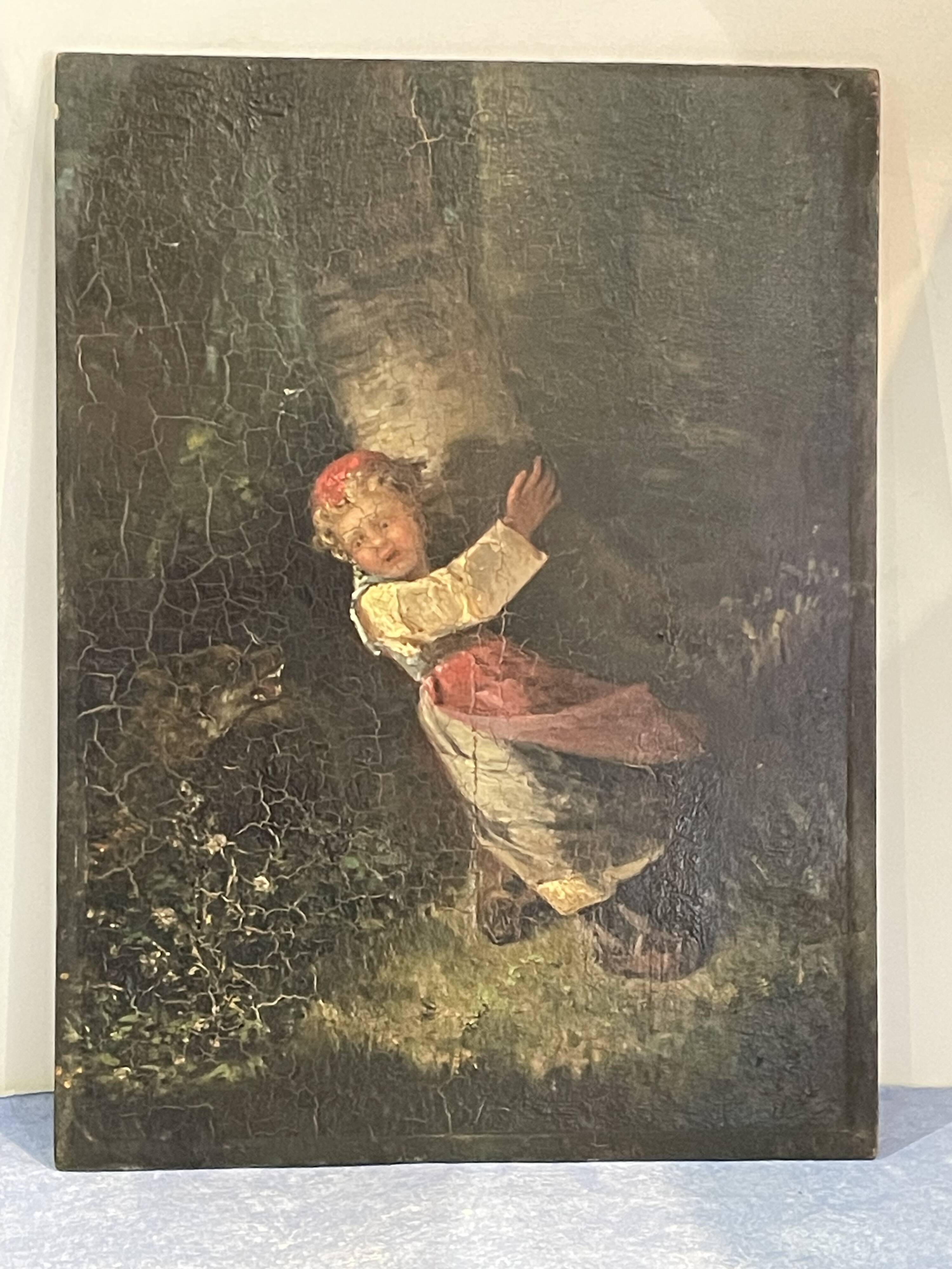 oil on panel, Red Riding Hood, unsigned, quite old-fashioned