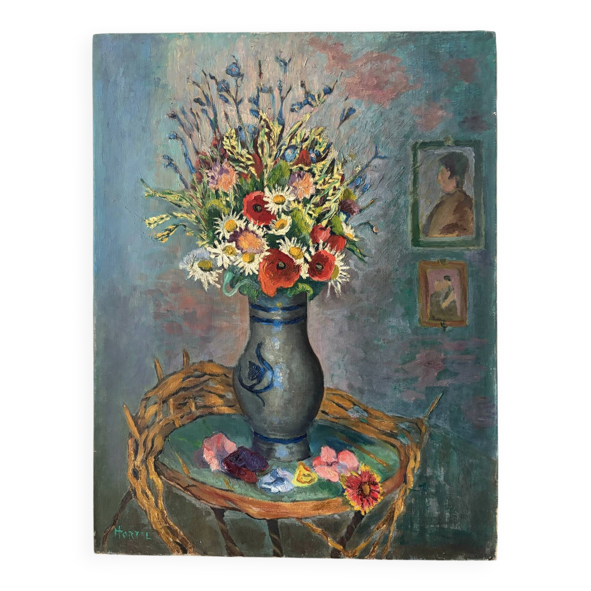Bouquet of flowers with poppies, oil on canvas signed