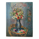 Bouquet of flowers with poppies, oil on canvas signed