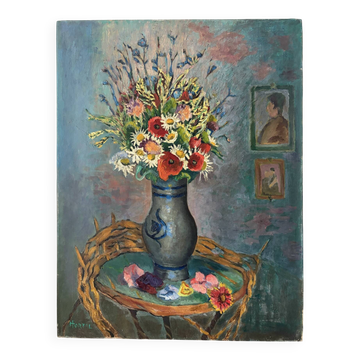 Bouquet de fleurs avec coquelicots, huile sur toile signée