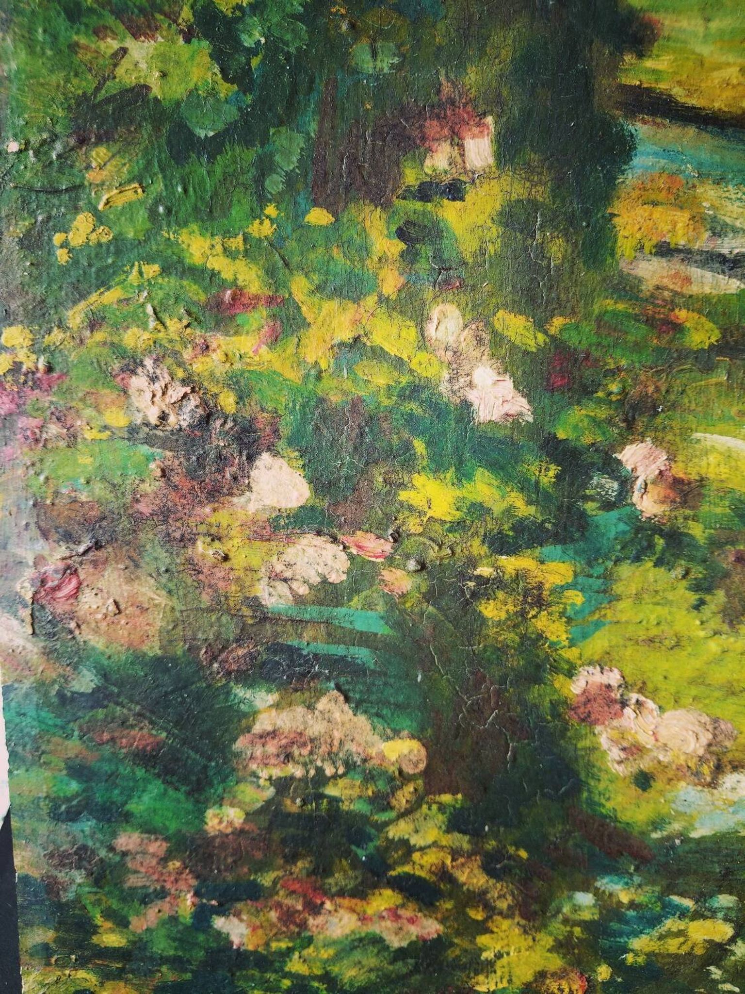 Old impressionist painting landscape river oil on wood signed