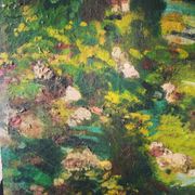Old impressionist painting landscape river oil on wood signed